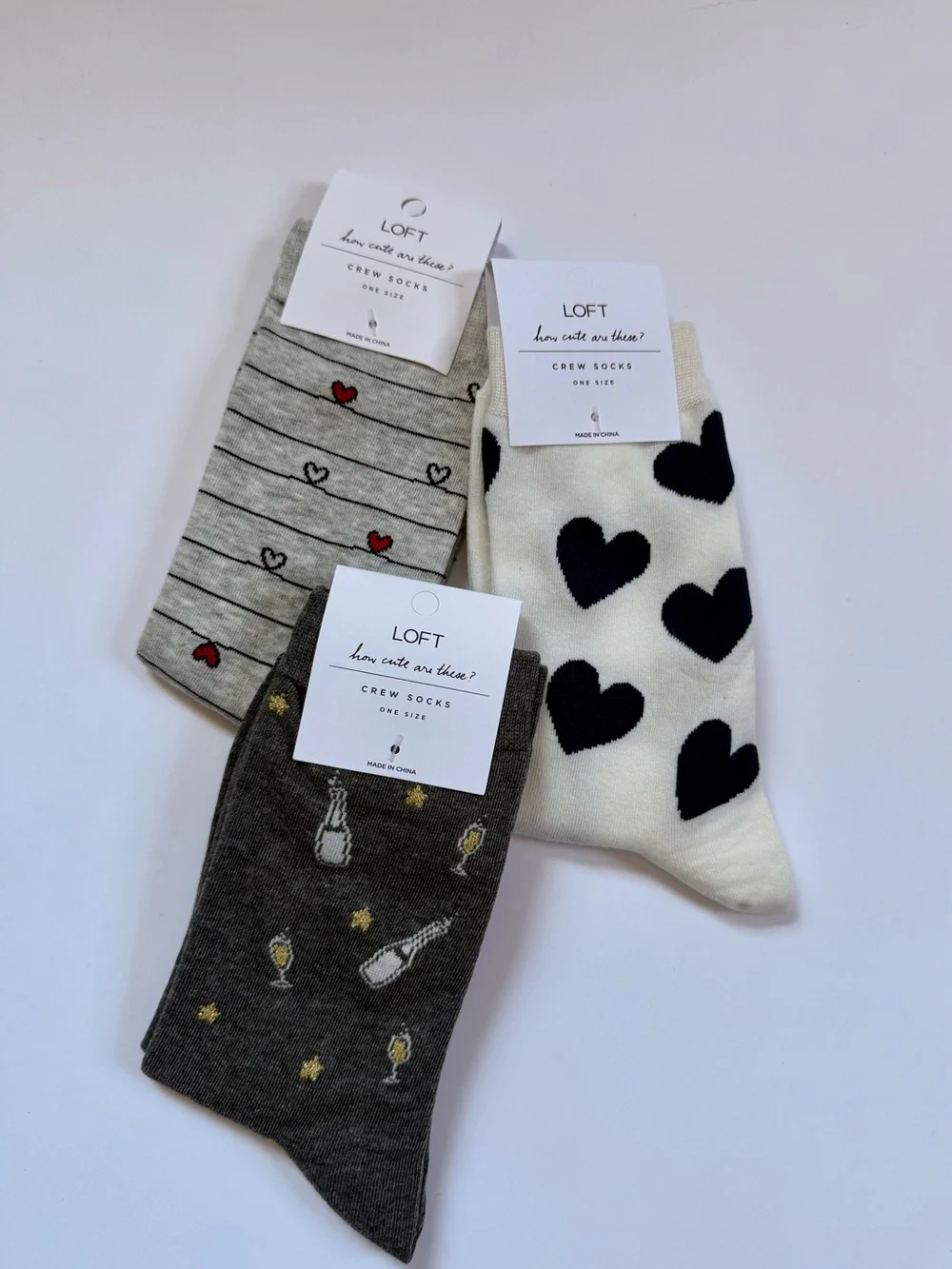 NWT LOFT 3-Pair Novelty Socks Hearts & Champagne Bundle MSRP $36